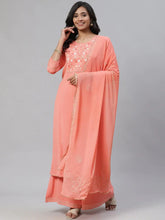Women Peach Coloured Yoke Design Pure Cotton Kurta With Palazzos Dupatta